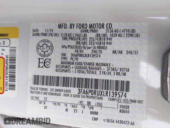 2020 Ford Fusion Titanium with VIN 3FA6P0RUXLR139574, listed as a IAAI auction lot 42299070 with 92,751 mi miles and . Bid and sale history available at DreamBid. Image 9.
