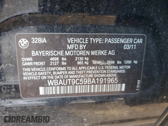 2011 BMW 3 Series 328i with VIN WBAUT9C59BA191965, listed as a Copart auction lot 46894005 with 125,397 mi miles and Salvage title. Bid and sale history available at DreamBid. Image 12.
