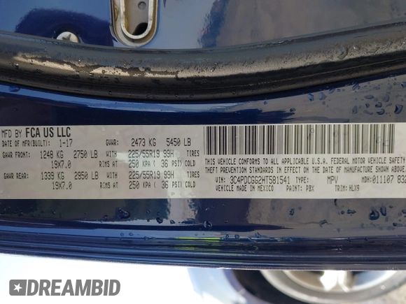 2017 Dodge Journey Crossroad Plus с VIN 3C4PDCGG2HT581541, выставлен на аукционе IAAI как лот 41805159 с пробегом 142 470 миль миль и . История ставок и продаж доступна на DreamBid. Изображение 9.
