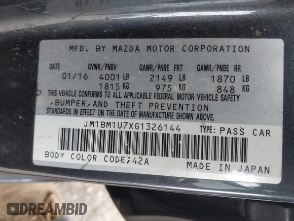2016 Mazda 3 i Sport with VIN JM1BM1U7XG1326144, listed as a IAAI auction lot 41764294 with 189,642 mi miles and . Bid and sale history available at DreamBid. Image 9.