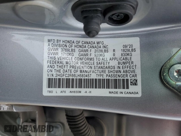 2020 Honda Civic LX with VIN 2HGFC2F66LH583457, listed as a Copart auction lot 52914075 with 36,011 mi miles and Salvage title. Bid and sale history available at DreamBid. Image 12.