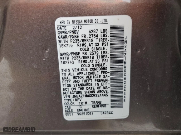 2012 Nissan Murano LE with VIN JN8AZ1MWXCW224445, listed as a Copart auction lot 50369255 with 69,358 mi miles and Salvage Title. Bid and sale history available at carsss.com. Image 14.