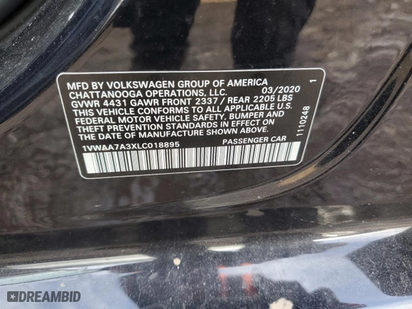 2020 Volkswagen Passat 2.0T S with VIN 1VWAA7A3XLC018895, listed as a Copart auction lot 46100595 with 79,662 mi miles and Salvage Title. Bid and sale history available at carsss.com. Image 12.