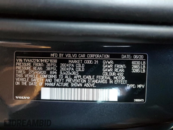 2021 Volvo XC90 Momentum with VIN YV4A221K1M1671698, listed as a Copart auction lot 88785265 with 43,751 mi miles and Salvage Title. Bid and sale history available at carsss.com. Image 14.