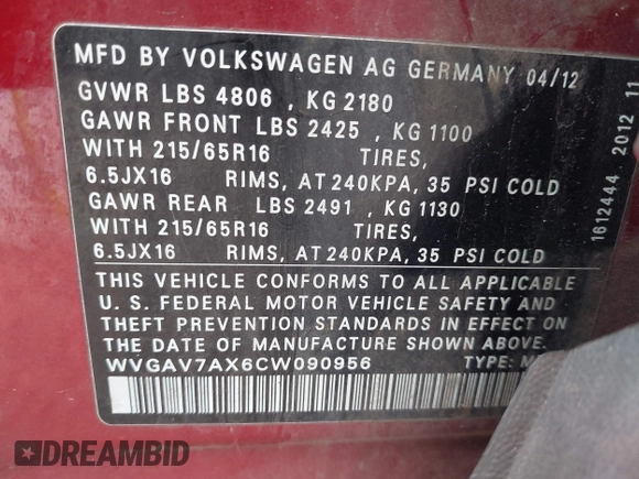 2012 Volkswagen Tiguan SE with VIN WVGAV7AX6CW090956, listed as a IAAI auction lot 42716526 with 227,665 mi miles and . Bid and sale history available at DreamBid. Image 9.