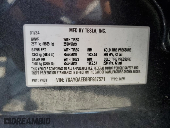 2024 Tesla Model Y Long Range with VIN 7SAYGAEE8RF987571, listed as a Copart auction lot 55110485 with 19,732 mi miles and Salvage title. Bid and sale history available at DreamBid. Image 13.