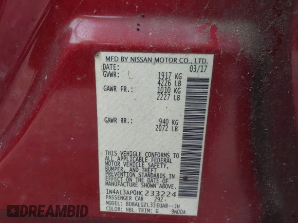 2017 Nissan Altima S with VIN 1N4AL3AP0HC233224, listed as a IAAI auction lot 42707583 with Not provided miles and . Bid and sale history available at DreamBid. Image 9.