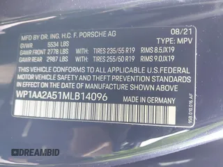 2021 Porsche Macan with VIN WP1AA2A51MLB14096, listed as a IAAI auction lot 41734166 with 17,702 mi miles and . Bid and sale history available at DreamBid. Image 9.