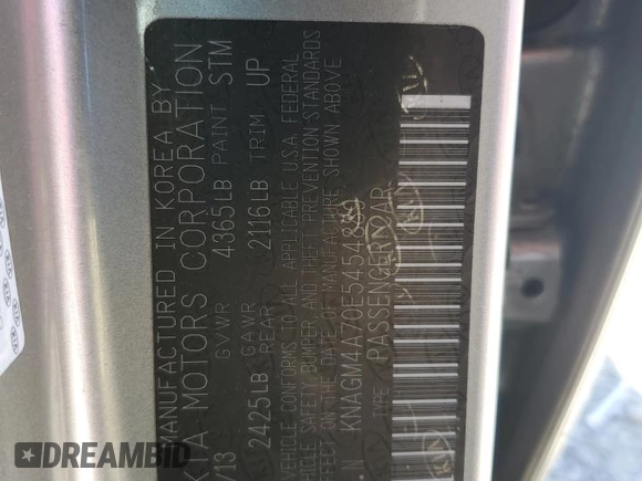 2014 Kia Optima LX with VIN KNAGM4A70E5454889, listed as a Copart auction lot 53549595 with 128,780 mi miles and Salvage title. Bid and sale history available at DreamBid. Image 12.