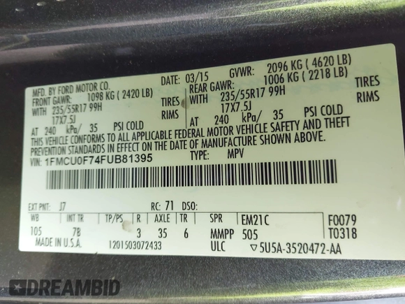 2015 Ford Escape S with VIN 1FMCU0F74FUB81395, listed as a IAAI auction lot 42122007 with 156,736 mi miles and . Bid and sale history available at DreamBid. Image 9.