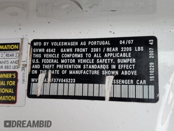 2007 Volkswagen Eos 2.0T with VIN WVWBA71F37V045223, listed as a Copart auction lot 47070825 with 160,406 mi miles and Salvage Title. Bid and sale history available at DreamBid. Image 12.