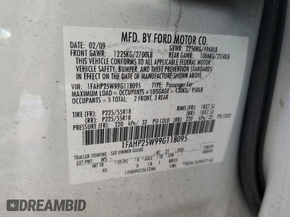 2009 Ford Taurus Limited with VIN 1FAHP25W99G118095, listed as a Copart auction lot 72501104 with 273,259 mi miles and Salvage Title. Bid and sale history available at carsss.com. Image 12.