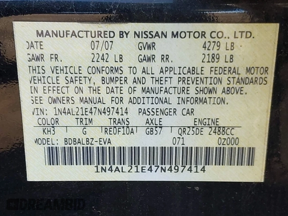 2007 Nissan Altima 2.5 S with VIN 1N4AL21E47N497414, listed as a IAAI auction lot 42050123 with 143,339 mi miles. Bid and sale history available at carsss.com. Image 9.