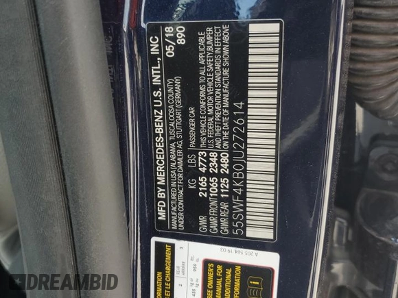 2018 Mercedes-Benz C 300 with VIN 55SWF4KB0JU272614, listed as a Copart auction lot 64769445 with 61,062 mi miles and Salvage title. Bid and sale history available at DreamBid. Image 12.