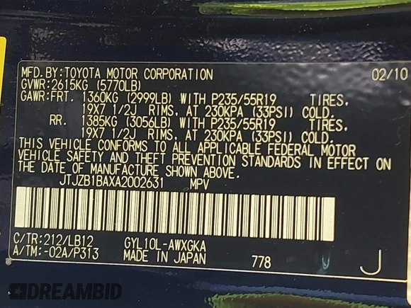 2010 Lexus RX 450h with VIN JTJZB1BAXA2002631, listed as a IAAI auction lot 42744998 with 118,851 mi miles and . Bid and sale history available at DreamBid. Image 9.