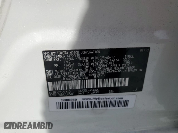 2010 Toyota RAV4 Limited with VIN JTMDK4DV3A5091410, listed as a Copart auction lot 61422655 with 188,324 mi miles and Non repairable. Bid and sale history available at DreamBid. Image 14.