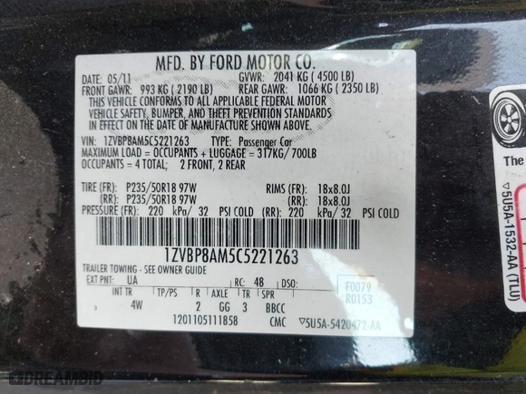 2012 Ford Mustang V6 Premium with VIN 1ZVBP8AM5C5221263, listed as a IAAI auction lot 41815124 with 1 mi miles. Bid and sale history available at carsss.com. Image 9.