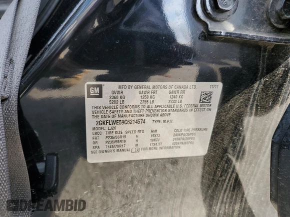 2012 GMC Terrain SLT-2 with VIN 2GKFLWE59C6214574, listed as a Copart auction lot 42622435 with 115,411 mi miles and Salvage Title. Bid and sale history available at DreamBid. Image 13.