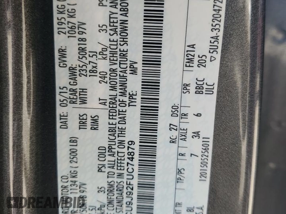 2015 Ford Escape Titanium with VIN 1FMCU9J92FUC74879, listed as a Copart auction lot 54683185 with 143,436 mi miles and Salvage title. Bid and sale history available at DreamBid. Image 13.