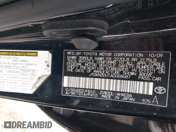 2010 Toyota Prius II with VIN JTDKN3DU1A0068687, listed as a IAAI auction lot 41928063 with 391,834 mi miles. Bid and sale history available at carsss.com. Image 9.