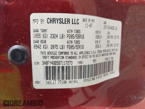 2008 Chrysler PT Cruiser with VIN 3A8FY48B58T117273, listed as a IAAI auction lot 41922849 with 145,700 mi miles. Bid and sale history available at carsss.com. Image 9.