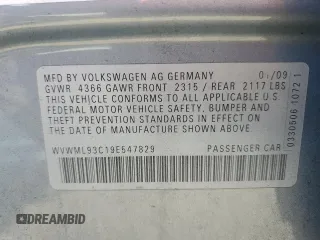 2009 Volkswagen CC with VIN WVWML93C19E547829, listed as a Copart auction lot 71481094 with 159,341 mi miles and Salvage Title. Bid and sale history available at DreamBid. Image 12.
