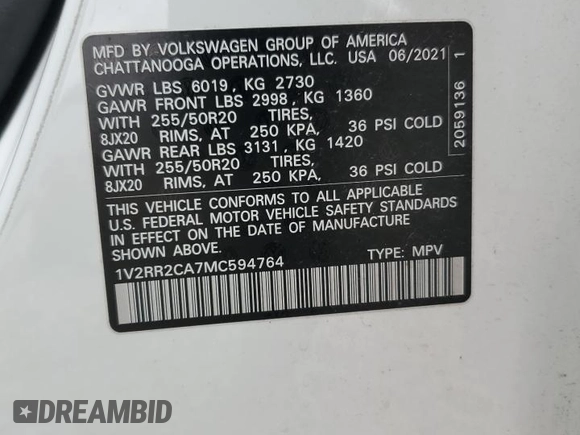 2021 Volkswagen Atlas SE with VIN 1V2RR2CA7MC594764, listed as a Copart auction lot 48194935 with 88,122 mi miles and Salvage title. Bid and sale history available at DreamBid. Image 13.