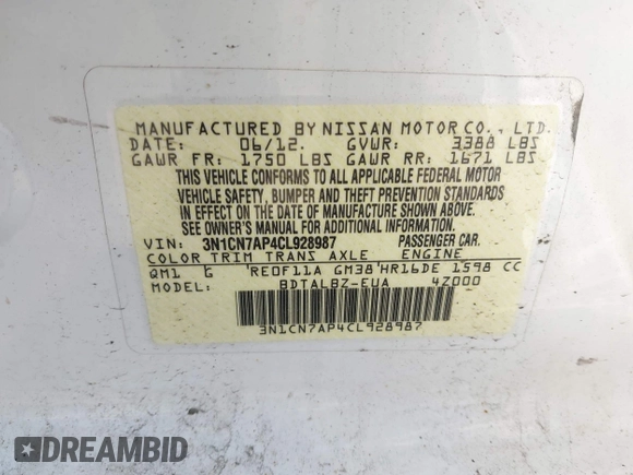 2012 Nissan Versa SV с VIN 3N1CN7AP4CL928987, выставлен на аукционе IAAI как лот 42249882 с пробегом Не указан миль и . История ставок и продаж доступна на DreamBid. Изображение 9.