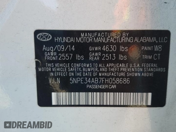 2015 Hyundai Sonata Sport with VIN 5NPE34AB7FH058686, listed as a Copart auction lot 51003985 with 61,458 mi miles and Salvage Title. Bid and sale history available at carsss.com. Image 14.