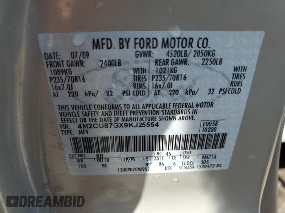 2009 Mercury Mariner Premier with VIN 4M2CU87GX9KJ25554, listed as a Copart auction lot 59949775 with Not provided miles and Salvage title. Bid and sale history available at DreamBid. Image 13.