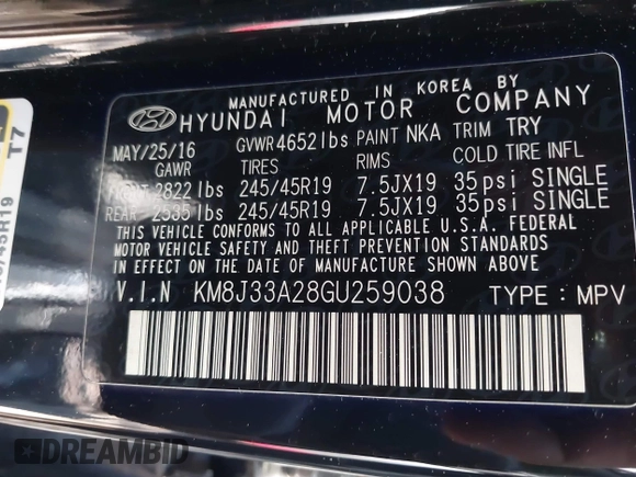 2016 Hyundai Tucson Limited with VIN KM8J33A28GU259038, listed as a IAAI auction lot 42200578 with 109,109 mi miles. Bid and sale history available at carsss.com. Image 9.