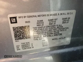 2020 GMC Terrain SLE with VIN 3GKALMEV5LL346726, listed as a Copart auction lot 49585745 with 41,554 mi miles and Salvage Title. Bid and sale history available at DreamBid. Image 15.
