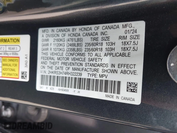 2024 Honda CR-V EX-L with VIN 2HKRS3H74RH322239, listed as a IAAI auction lot 41700284 with 8,628 mi miles and . Bid and sale history available at DreamBid. Image 9.