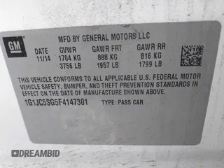 2015 Chevrolet Sonic LT z VIN 1G1JC5SG5F4147301, wystawiony jako IAAI lot #41934640 z przebiegiem 68 593 mil mil oraz . Historia ofert i sprzedaży dostępna na DreamBid. Obrazek 9.