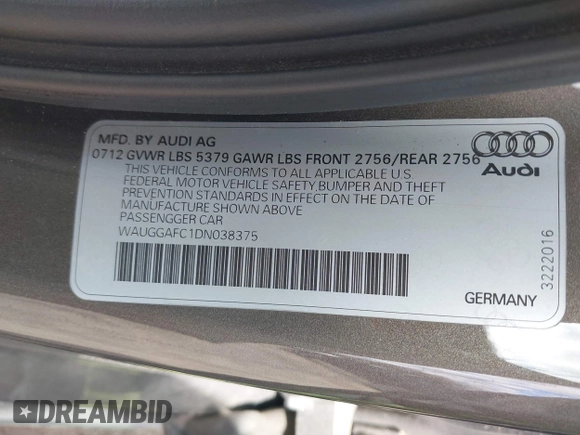 2013 Audi A6 Premium Plus z VIN WAUGGAFC1DN038375, wystawiony jako IAAI lot #42051929 z przebiegiem 118 181 mil mil oraz . Historia ofert i sprzedaży dostępna na DreamBid. Obrazek 9.