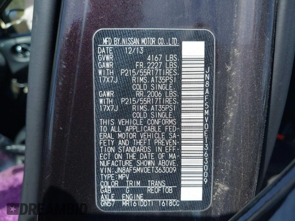 2014 Nissan Juke Nismo with VIN JN8AF5MV0ET363009, listed as a IAAI auction lot 42062690 with 112,037 mi miles and . Bid and sale history available at DreamBid. Image 9.