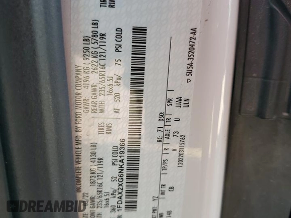 2022 Ford Transit with VIN 1FDAX2XG6NKA19366, listed as a Copart auction lot 74936084 with 13,433 mi miles and Salvage Title. Bid and sale history available at DreamBid. Image 13.