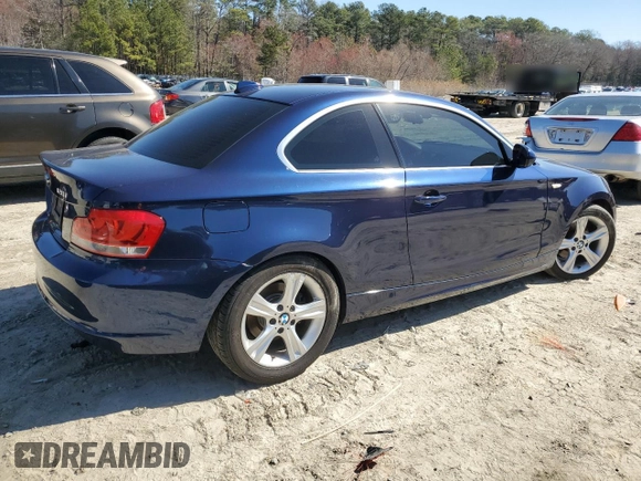2013 BMW 1 Series 128i with VIN WBAUP9C58DVS94598, listed as a Copart auction lot 49297605 with 108,893 mi miles and Salvage title. Bid and sale history available at DreamBid. Image 3.