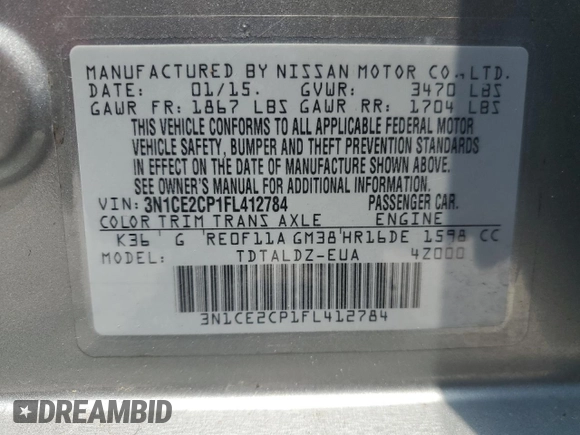 2015 Nissan Note S with VIN 3N1CE2CP1FL412784, listed as a Copart auction lot 57914145 with 89,448 mi miles and Salvage title. Bid and sale history available at DreamBid. Image 12.