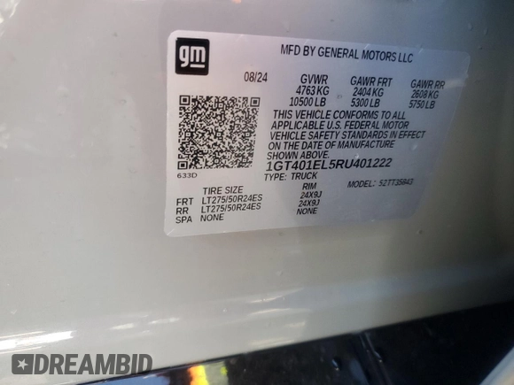 2024 GMC Sierra 1500 with VIN 1GT401EL5RU401222, listed as a Copart auction lot 43251615 with 8,806 mi miles and Salvage Title. Bid and sale history available at DreamBid. Image 12.