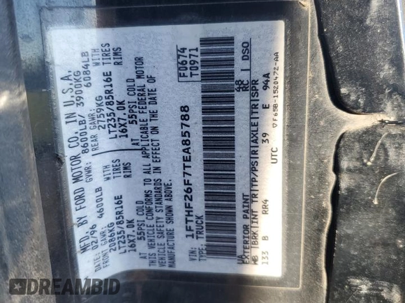 1996 Ford F-250 z VIN 1FTHF26F7TEA85788, wystawiony jako Copart lot #77768114 z przebiegiem 383 611 mil mil oraz Szkoda całkowita • Salvage title. Historia ofert i sprzedaży dostępna na DreamBid. Obrazek 12.
