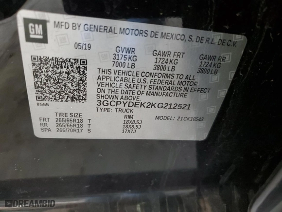 2019 Chevrolet Silverado 1500 LT with VIN 3GCPYDEK2KG212521, listed as a Copart auction lot 46452255 with 69,782 mi miles and Salvage Title. Bid and sale history available at carsss.com. Image 12.
