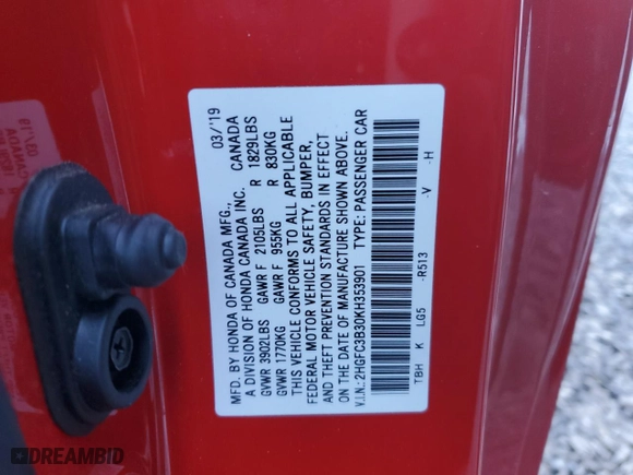 2019 Honda Civic Coupe EX with VIN 2HGFC3B30KH353901, listed as a Copart auction lot 42854705 with NaN miles and Salvage Title. Bid and sale history available at carsss.com. Image 12.