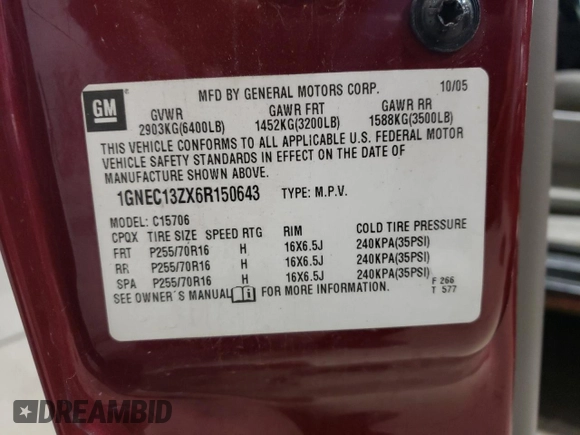 2006 Chevrolet Tahoe Z71 z VIN 1GNEC13ZX6R150643, wystawiony jako Copart lot #80256264 z przebiegiem Nie podano mil oraz Czysty tytuł • Clean title. Historia ofert i sprzedaży dostępna na DreamBid. Obrazek 13.