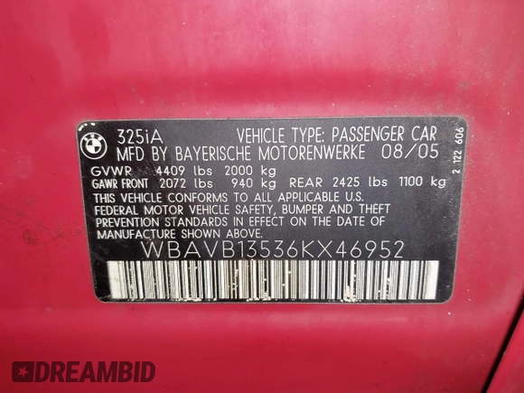 2006 BMW 3 Series 325i with VIN WBAVB13536KX46952, listed as a IAAI auction lot 41631283 with 202,504 mi miles and . Bid and sale history available at DreamBid. Image 9.