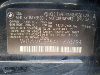 2007 BMW 3 Series 328i with VIN WBAVC53547FZ70794, listed as a Copart auction lot 47402045 with 201,797 mi miles and Salvage Title. Bid and sale history available at carsss.com. Image 12.