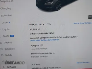 2022 Tesla Model S with VIN 5YJSA1E55NF474342, listed as a IAAI auction lot 41870994 with 33,804 mi miles and . Bid and sale history available at DreamBid. Image 16.