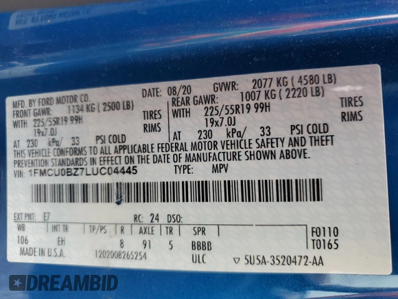 2020 Ford Escape SE Sport Hybrid with VIN 1FMCU0BZ7LUC04445, listed as a Copart auction lot 57971445 with 59,089 mi miles and Non repairable. Bid and sale history available at DreamBid. Image 14.