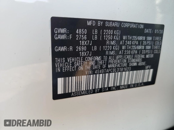 2020 Subaru Outback Touring z VIN 4S4BTAPC0L3181623, wystawiony jako Copart lot #61994115 z przebiegiem 17 473 mil mil oraz Szkoda całkowita • Salvage title. Historia ofert i sprzedaży dostępna na DreamBid. Obrazek 12.