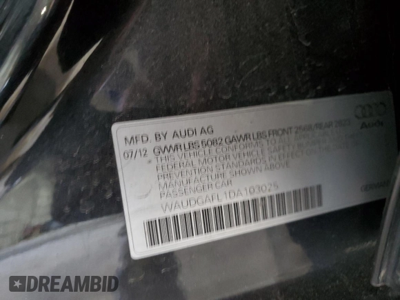 2013 Audi S4 Premium Plus with VIN WAUDGAFL1DA103025, listed as a Copart auction lot 82285234 with 120,742 mi miles and Salvage Title. Bid and sale history available at carsss.com. Image 12.